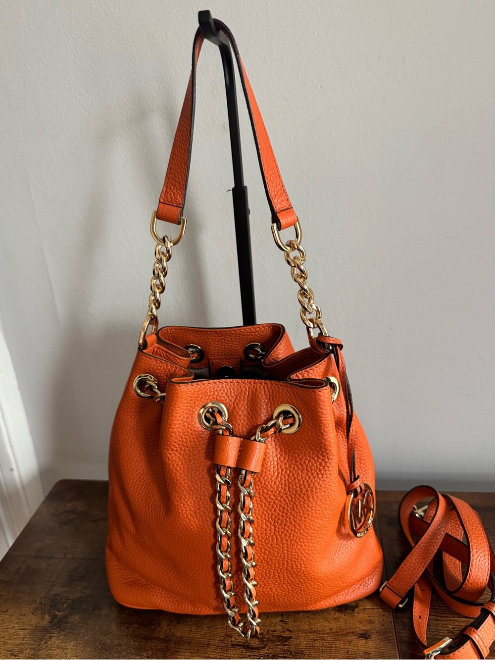 Michael Kors Small Orange Leather Chain-Accent Drawstring Bucket Bag